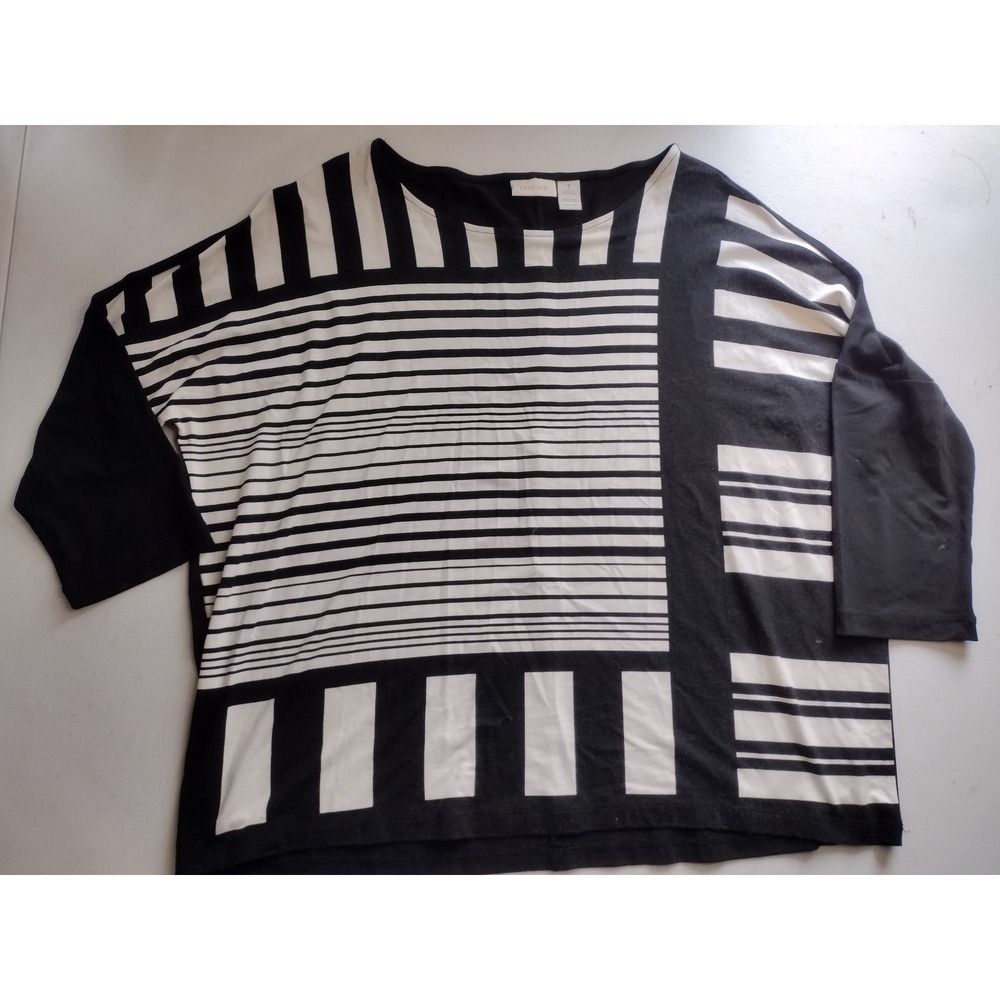 Chicos Black White Geometric Striped Knit Top Boat Neck 3/4 Sleeve Size 1 M